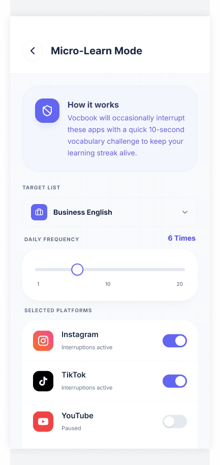 Vocbook Micro-Learn settings screen