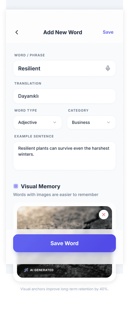 Vocbook image-backed word card screen